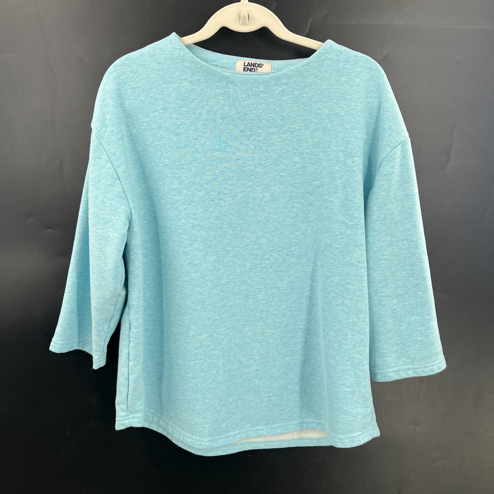 Lands' End serious sweats pullover sweatshirt top aqua blue comfy lounge M 10 12